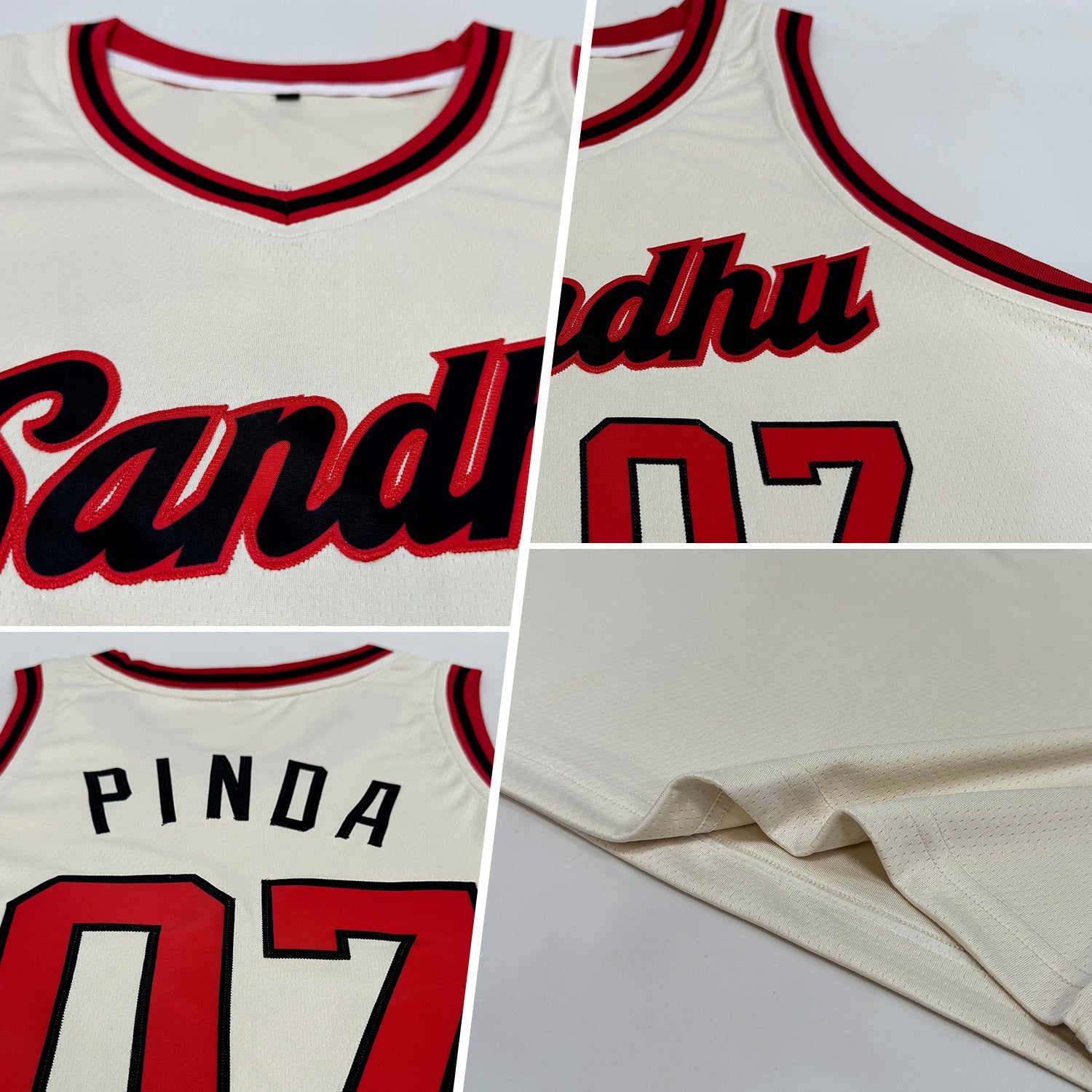 Custom Cream, Red & Black Rib-Knit Basketball Jersey