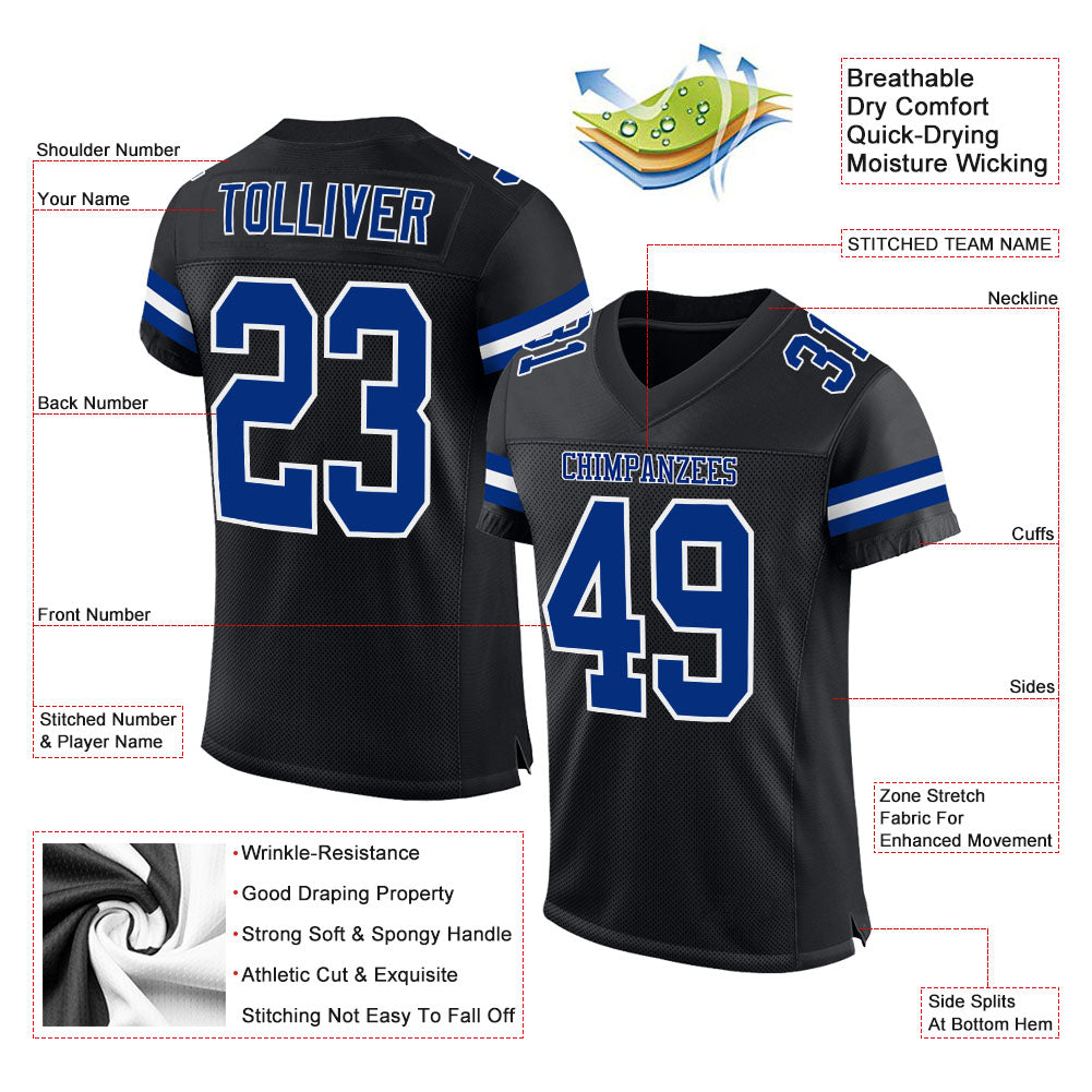 Custom Black & Royal Blue Mesh Football Jersey