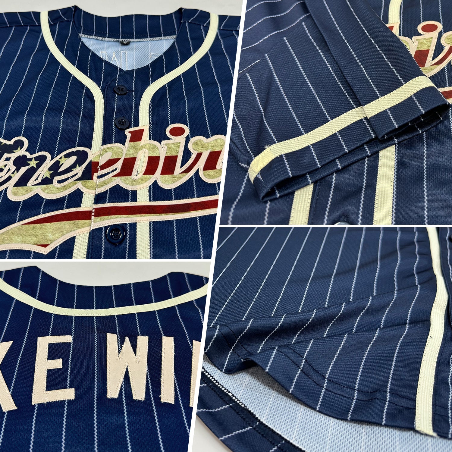 Custom Navy Pinstripe USA Flag Baseball Jersey - Detail