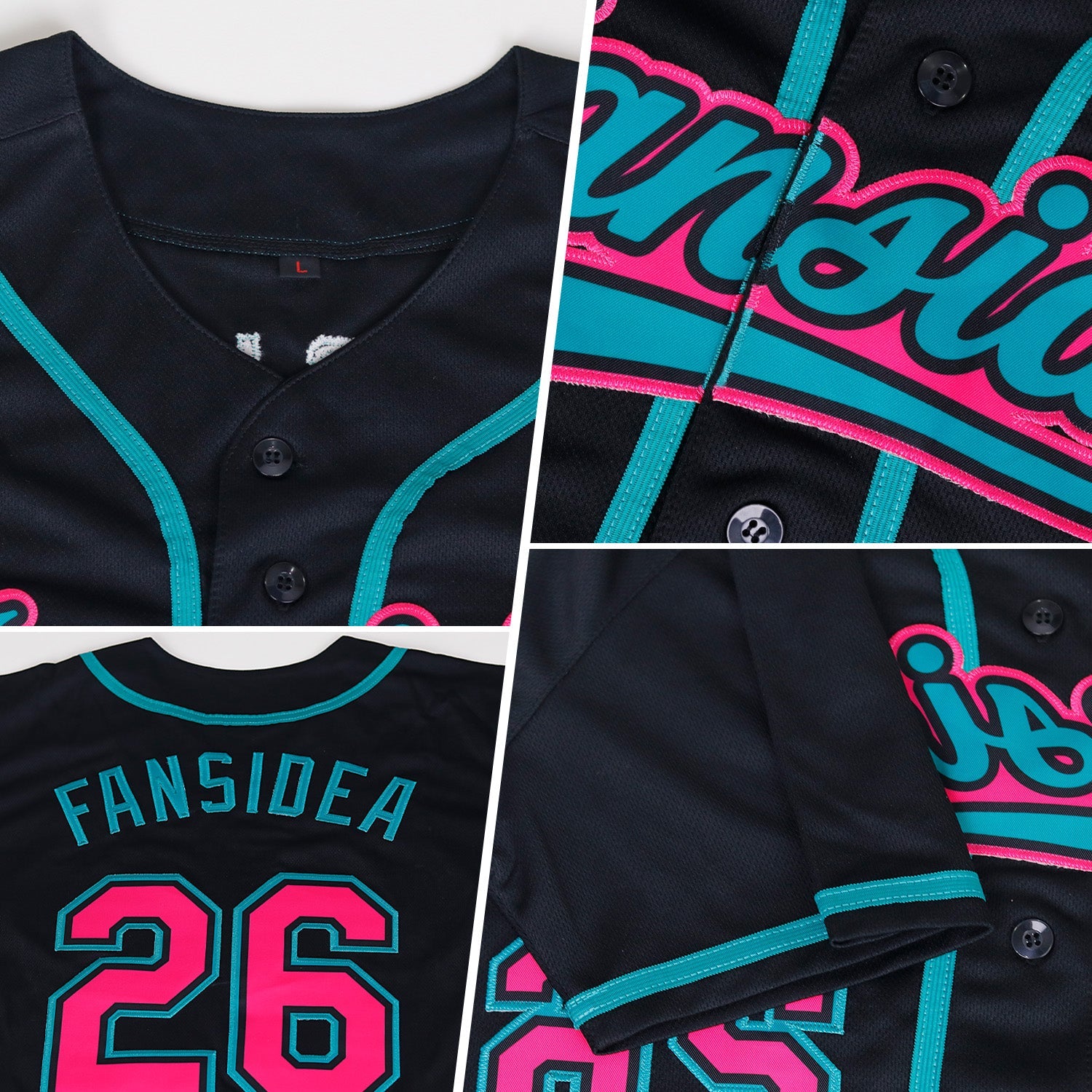 Custom Black, Pink & Teal Baseball Jersey - Detail