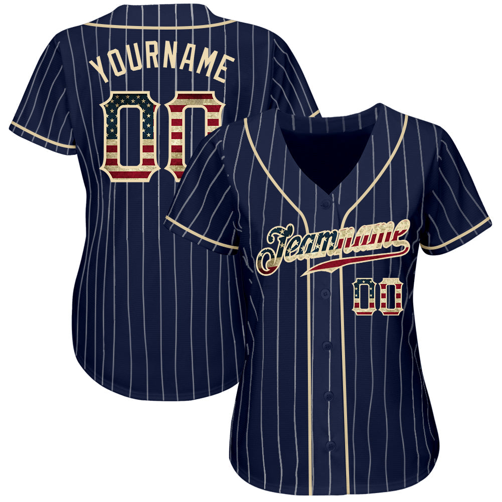 Custom Navy Pinstripe USA Flag Baseball Jersey - Back
