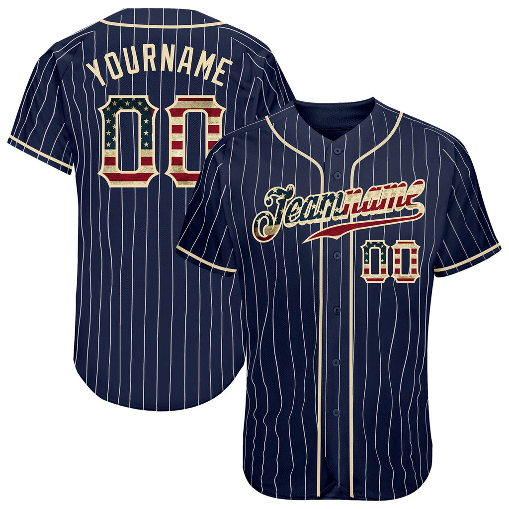 Custom Navy Pinstripe USA Flag Baseball Jersey - Front