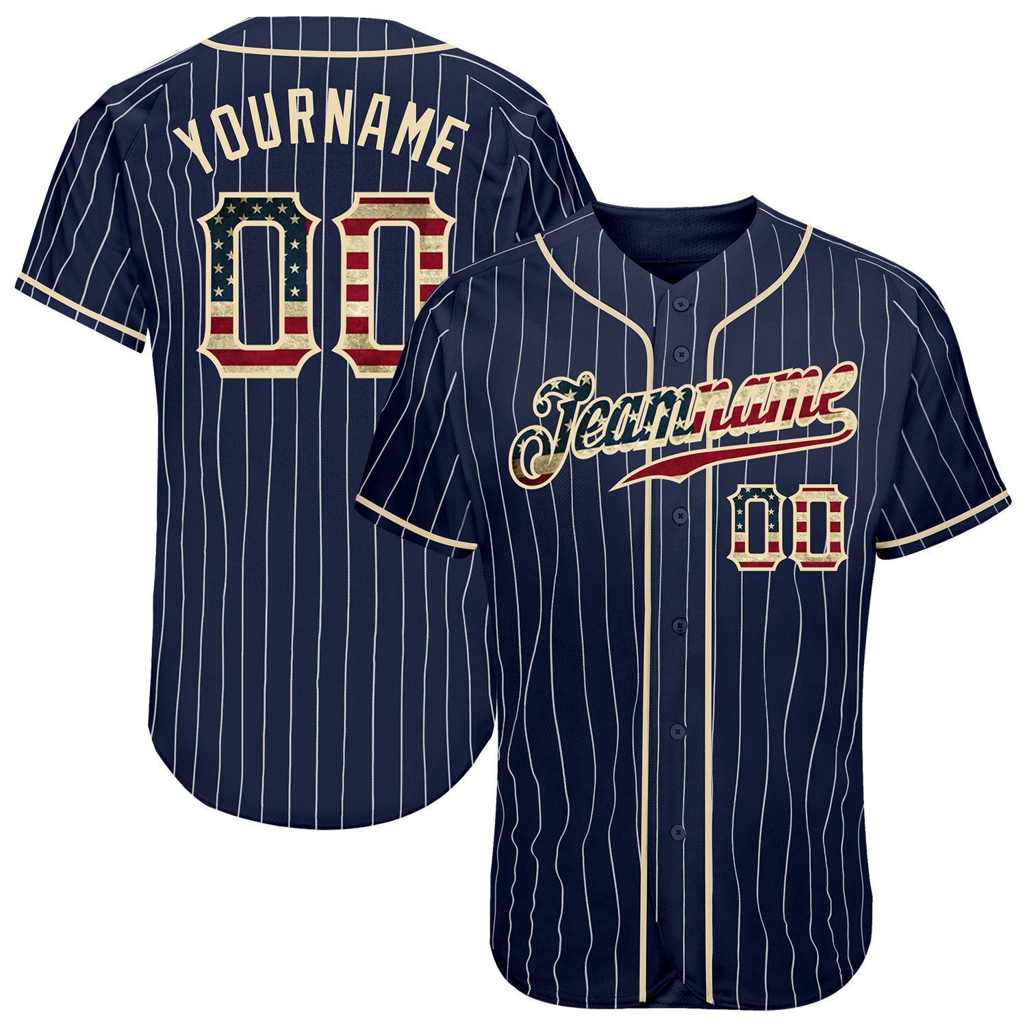 Custom Navy Pinstripe USA Flag Baseball Jersey - Front