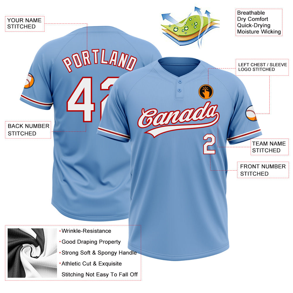 Custom Light Blue, White & Red Softball Jersey