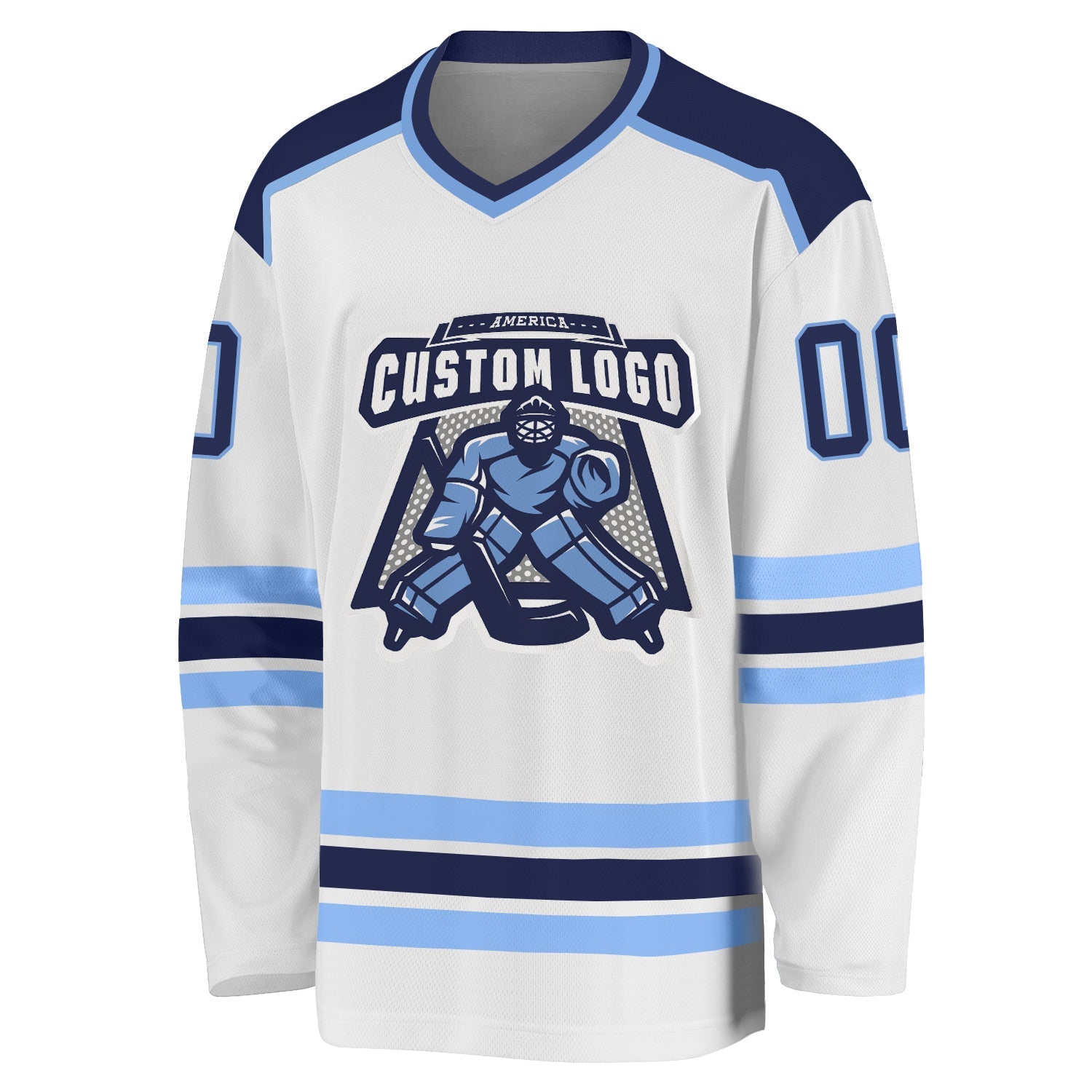 Custom White, Navy & Light Blue Hockey Jersey