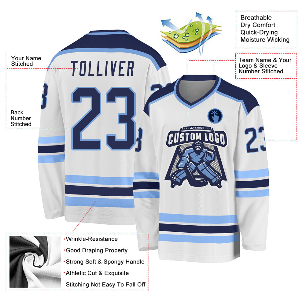 Custom White, Navy & Light Blue Hockey Jersey