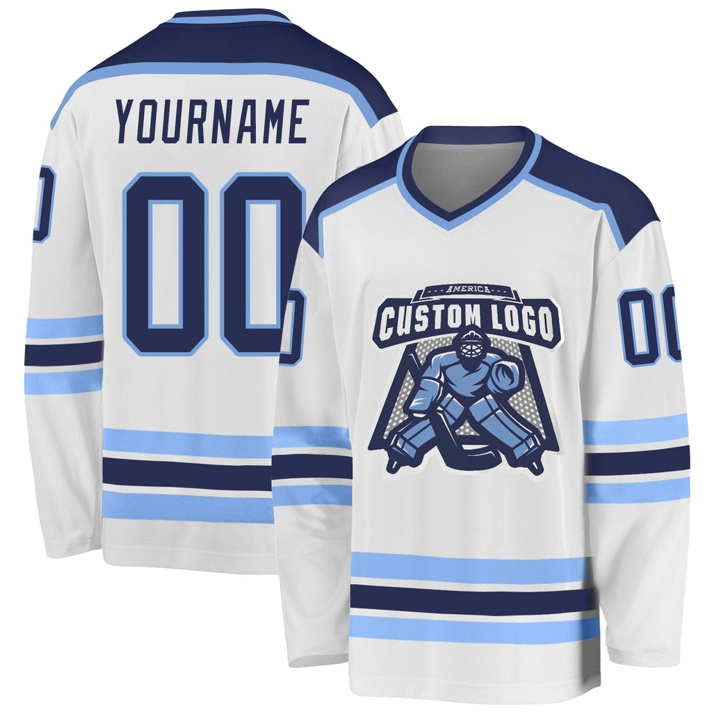 Custom White, Navy & Light Blue Hockey Jersey