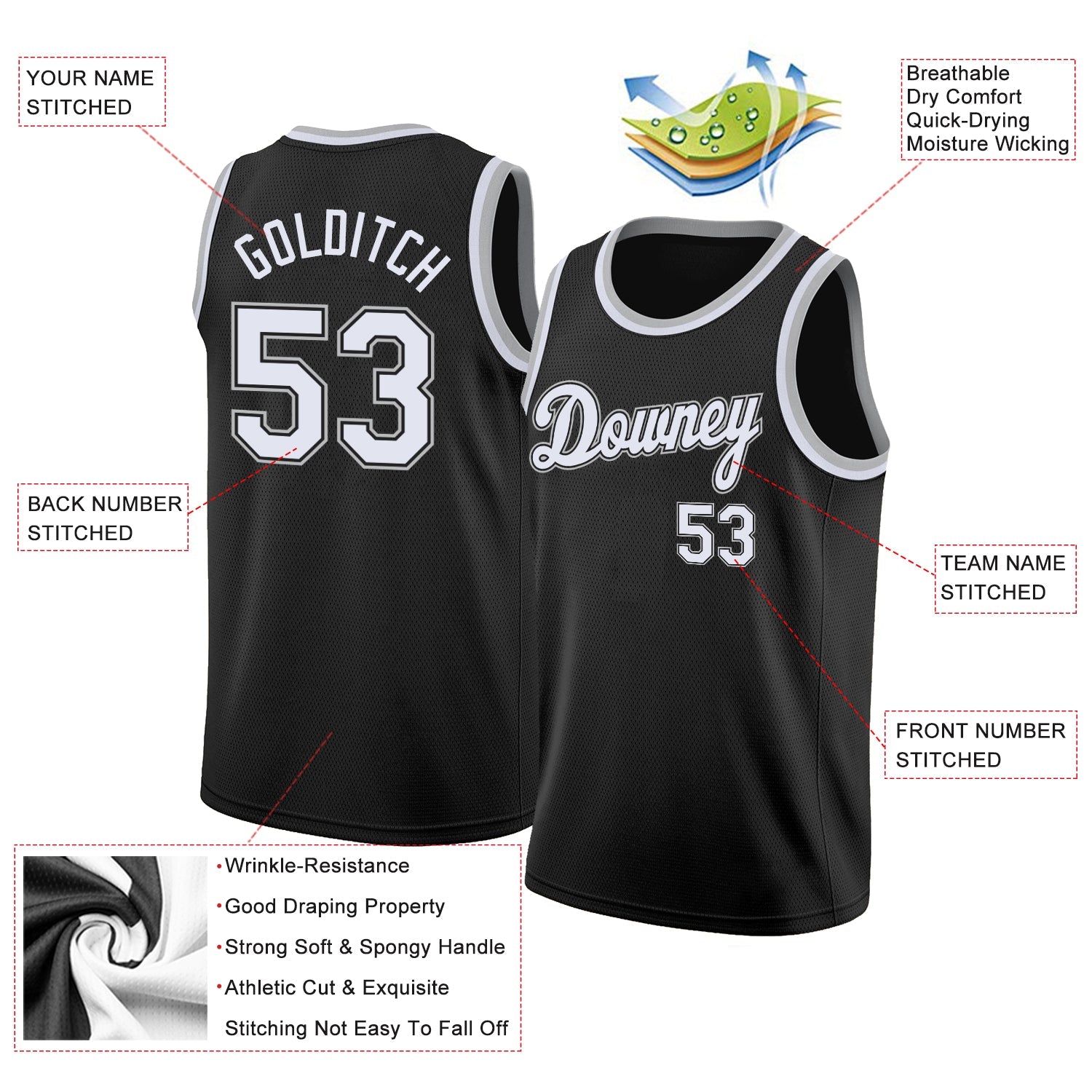 Custom Black & White Rib-Knit Basketball Jersey