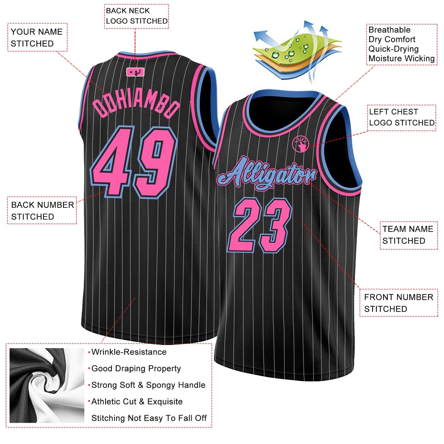 Custom Black Pinstripe Pink & Light Blue Basketball Jersey