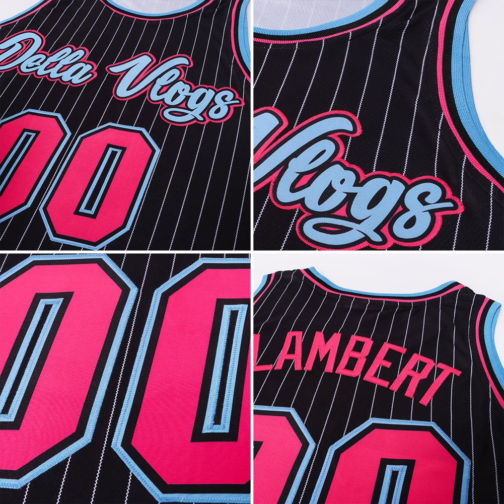 Custom Black Pinstripe Pink & Light Blue Basketball Jersey