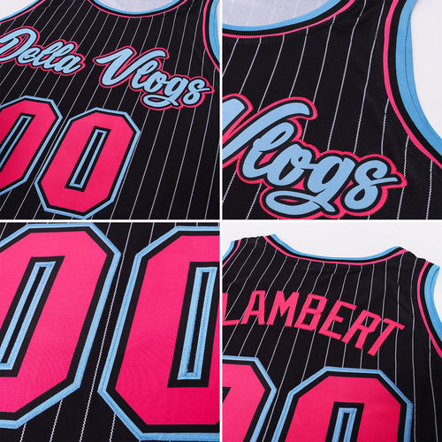 Custom Black Pinstripe Pink & Light Blue Basketball Jersey