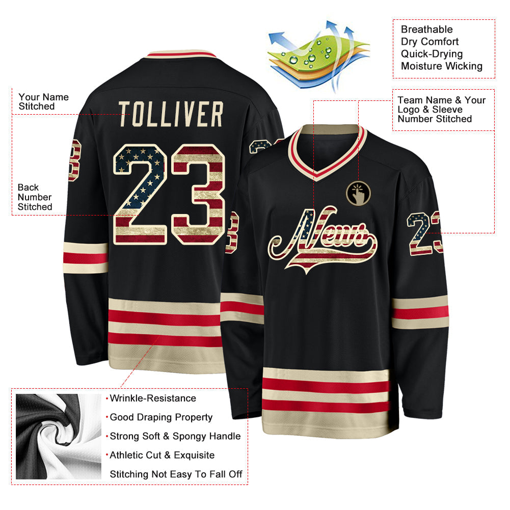 Custom Black Vintage USA Flag Hockey Jersey