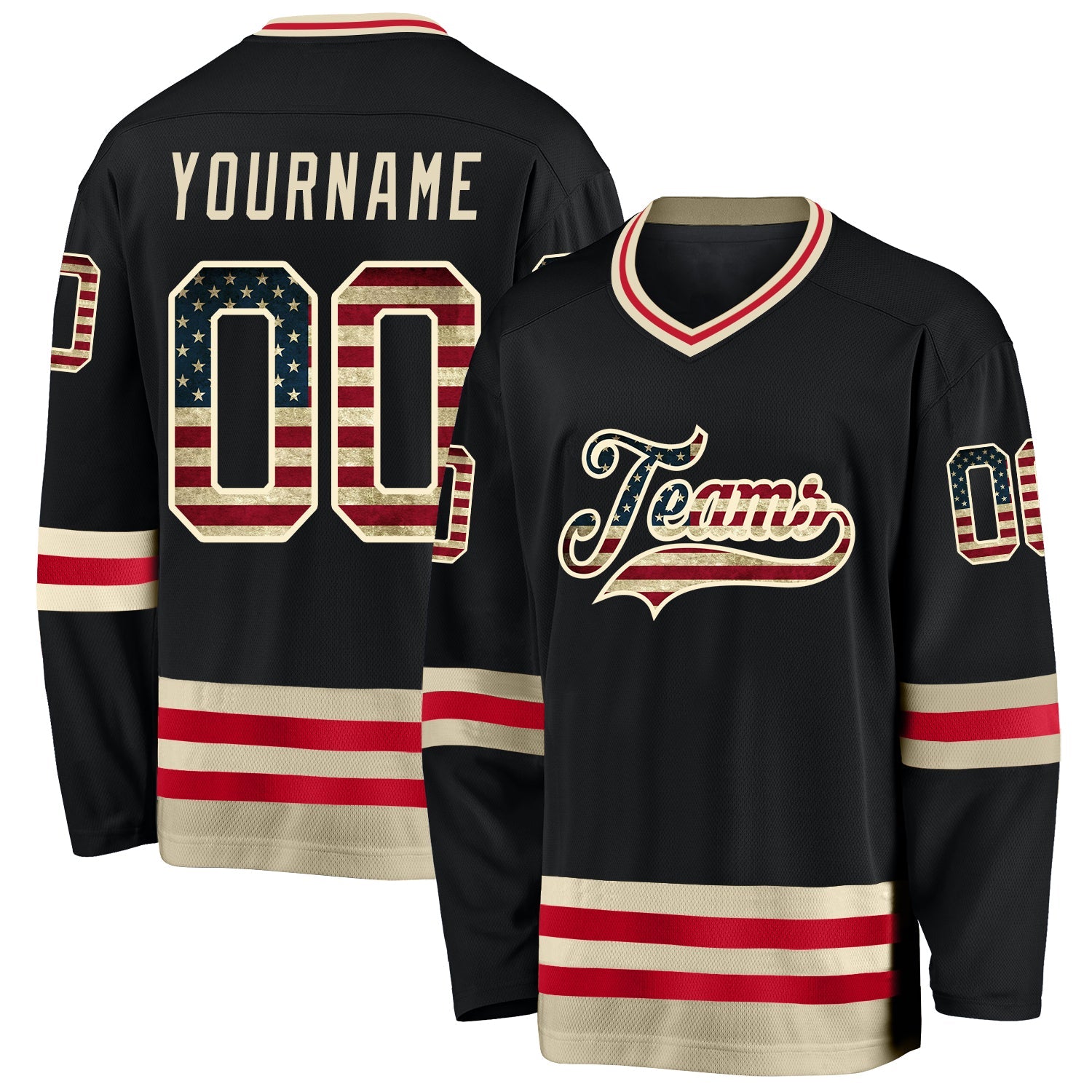Custom Black Vintage USA Flag Hockey Jersey