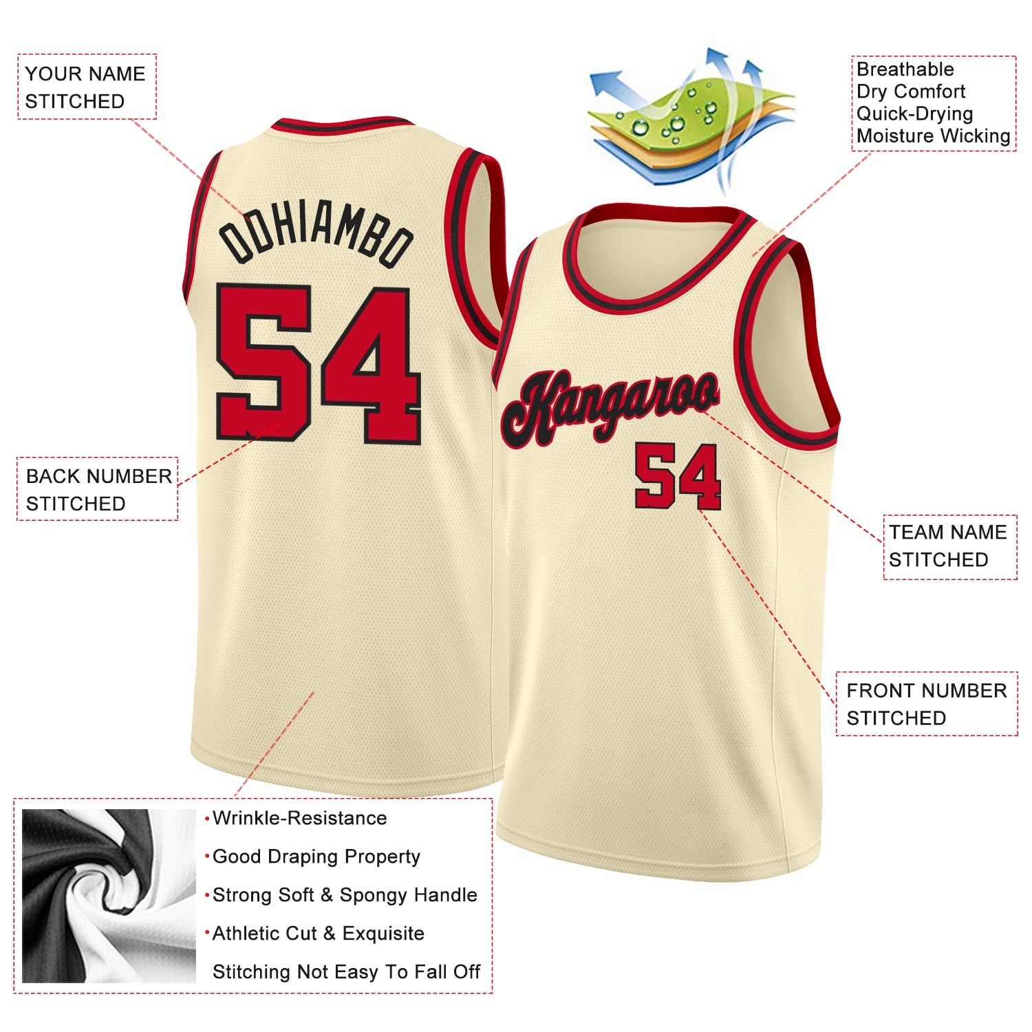 Custom Cream, Red & Black Rib-Knit Basketball Jersey