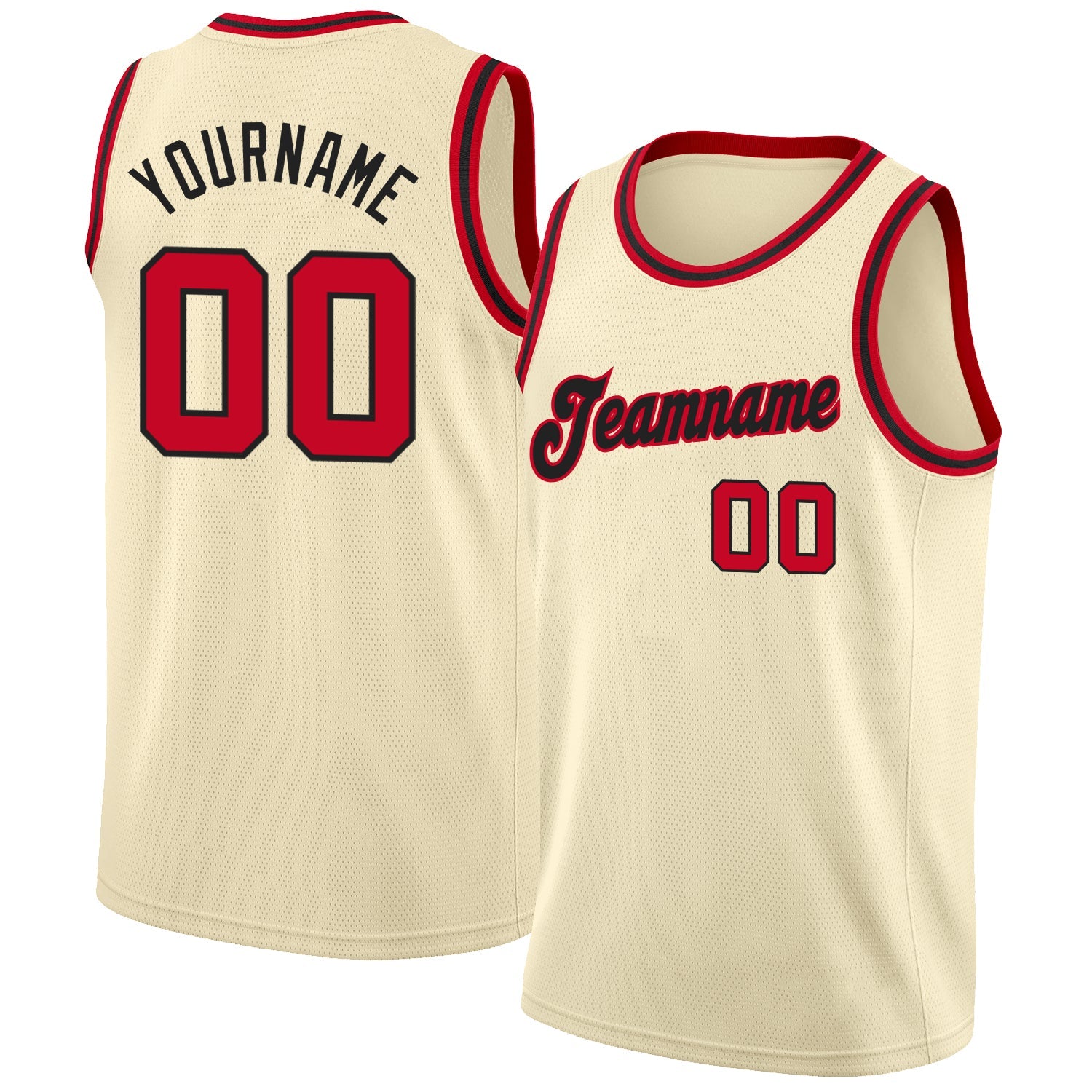 Custom Cream, Red & Black Rib-Knit Basketball Jersey