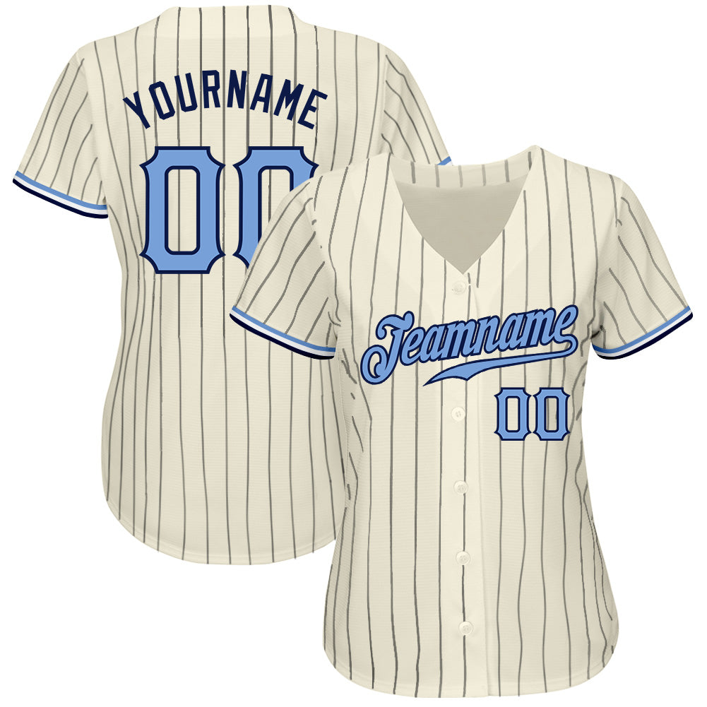 Custom Cream & Navy Pinstripe Baseball Jersey - Detail
