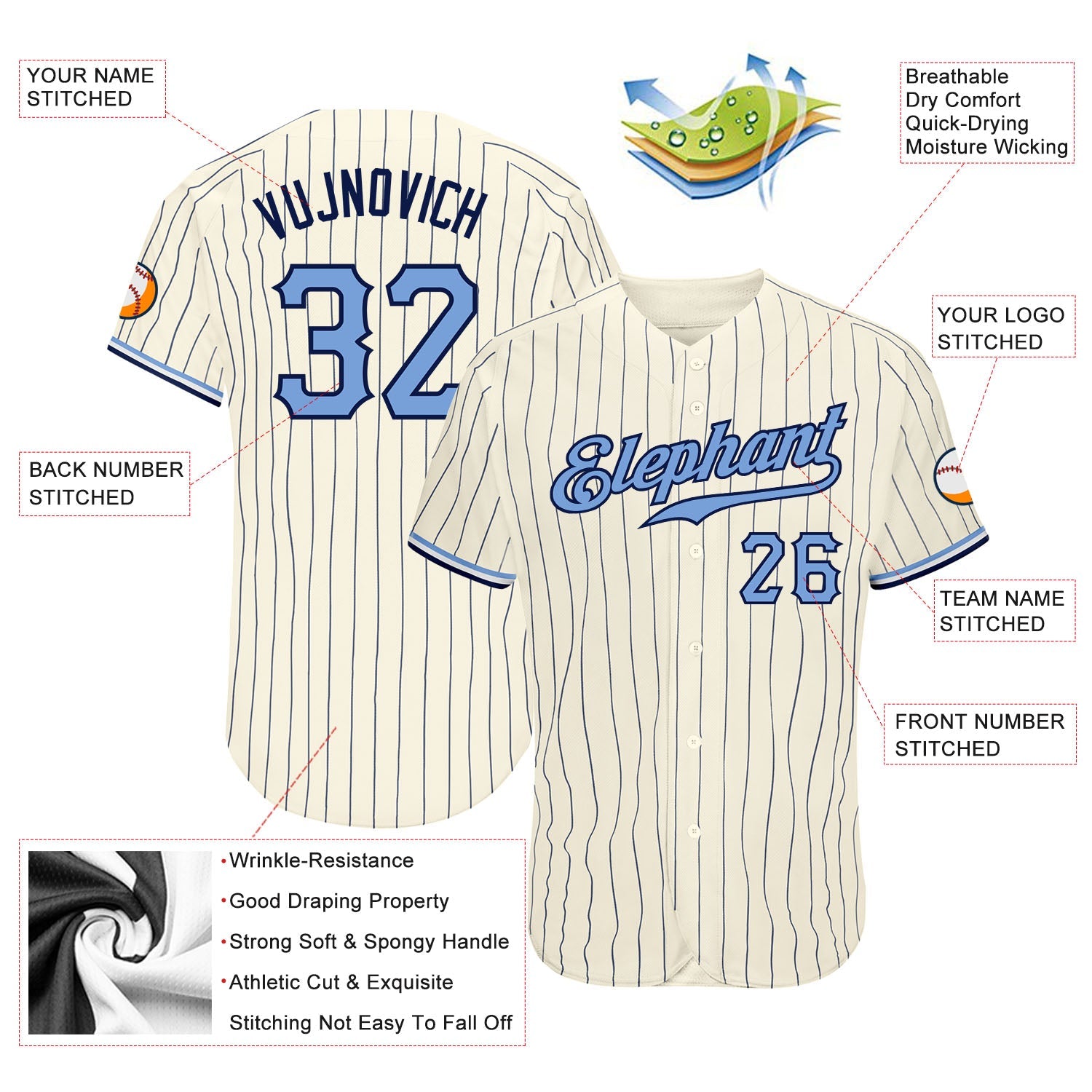 Custom Cream & Navy Pinstripe Baseball Jersey - Back